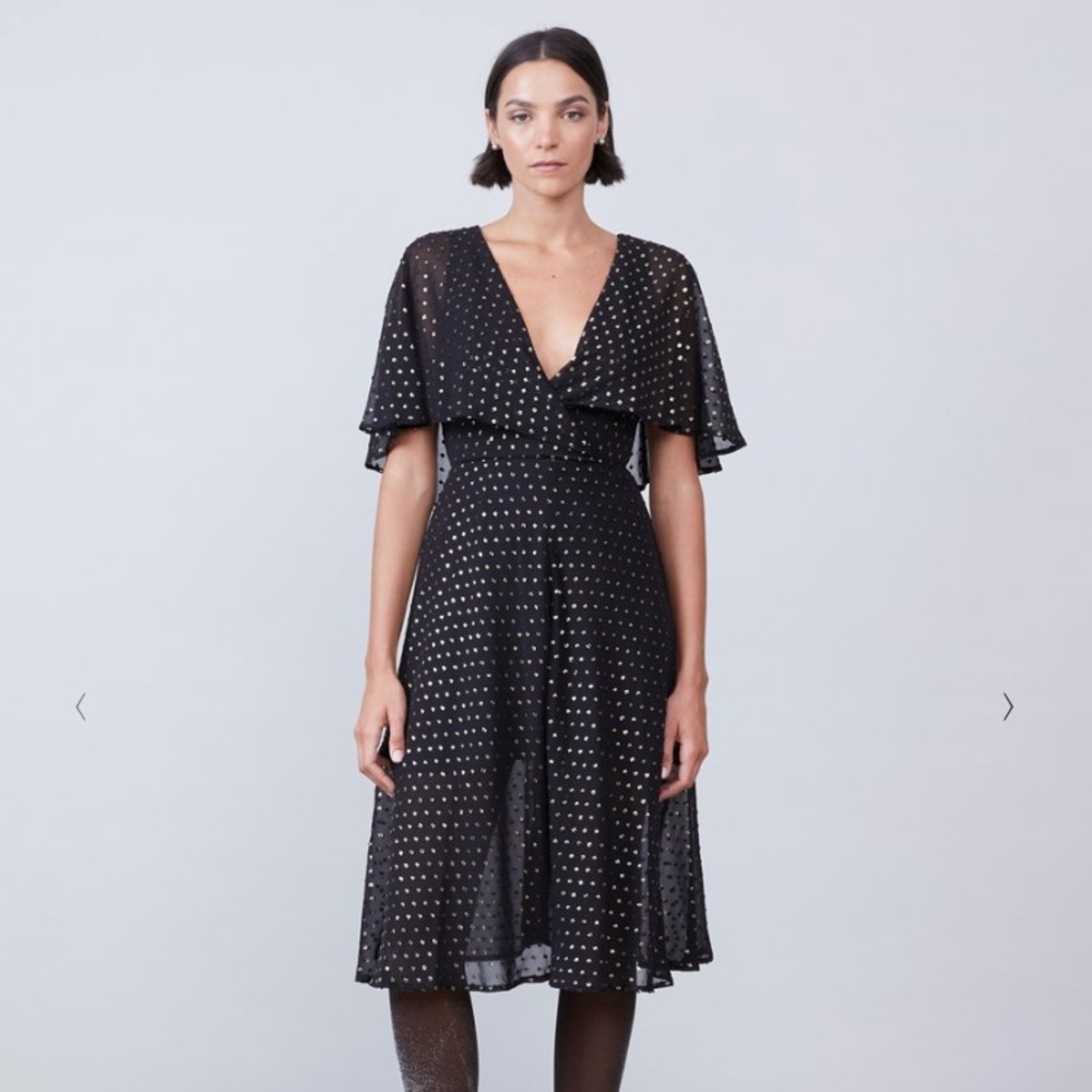 Allen Schwartz lilia  capelet dress in gold dot